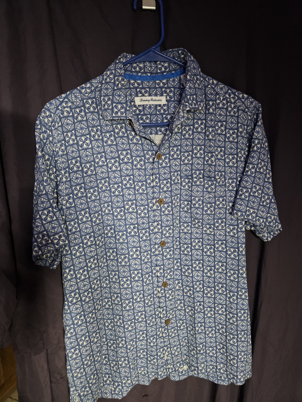 Tommy Bahama Blue White Geometric Short-Sleeve Button-Down Shirt 100% Silk